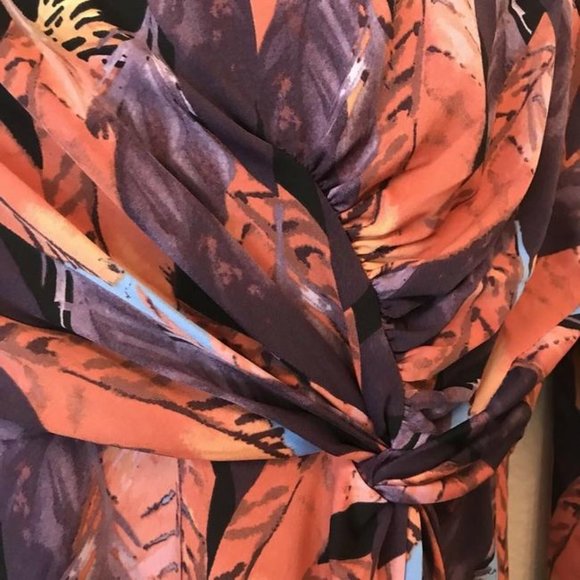 Multi-Colored Feather 3/4 Sleeve Gathered Dress M - Picture 4 of 9